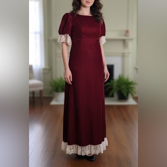 Vintage Dresses & Skirts - Vintage Velvet Victorian Red Crush Dress White Lace 1960’s Rare Red Dress